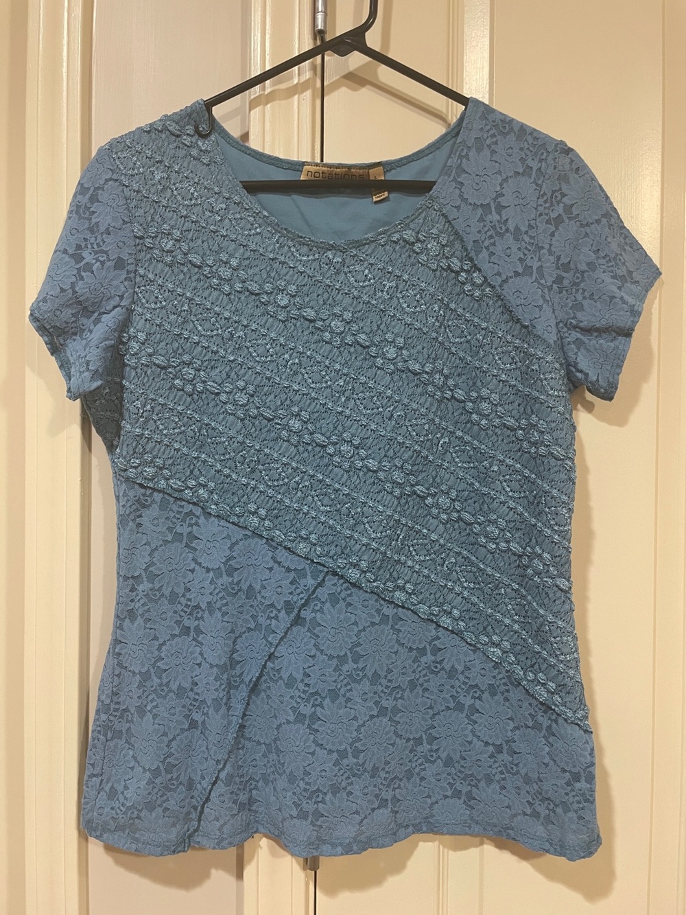 Notations Blue Lace Patchwork Short Sleeve Top